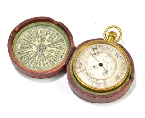 NEGRETTI & ZAMBRA; a gilt metal crown wind pocket forecaster with silvered dial, diameter 5.5cm, fitted in leather case, the 