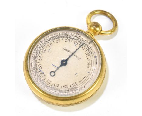 An early 20th century gilt metal cased miniature aneroid barometer, with silvered dial, diameter 31mm, cased.Additional Infor