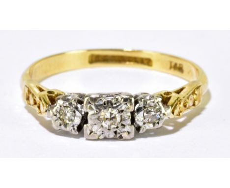 An 18ct yellow gold and platinum tiny diamond illusion set three stone ring, ring size M, approx. 2.4g.&nbsp;Additional Infor