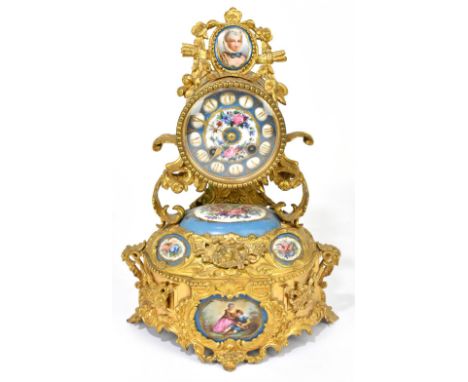 A 19th century French Louis XV gilt metal and&nbsp;Sèvres style porcelain mounted mantel clock, the painted floral dial with 