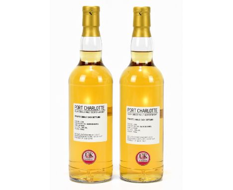 WHISKY; two bottles of Port Charlotte Islay Single Malt Scotch whisky, private single cask bottling, aged 14 years, in fresh 