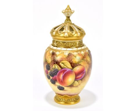 J SMITH FOR ROYAL WORCESTER; a hand painted potpourri and cover decorated with fruit, signed to rim, black mark to the unders