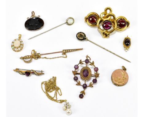 An interesting small group of jewellery comprising a 9ct yellow gold and seed pearl tie pin/brooch in the form of a court swo