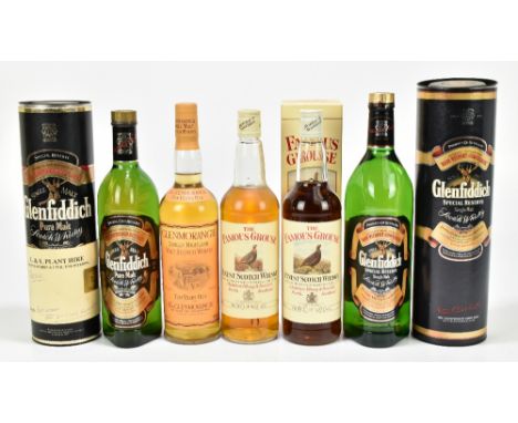 WHISKY; five mixed bottles including a single bottle of Glenfiddich Pure Malt Scotch whisky, 75cl, 40%, a single bottle of th