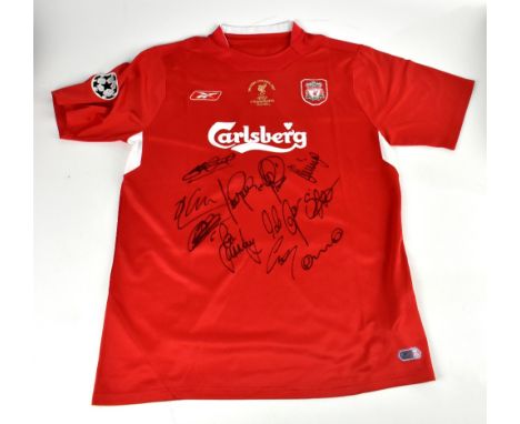 LIVERPOOL; a 2005 retro style shirt, signed by Gerrard, Dudek, Smicer, Luis Garcia, Alonso, Riise, Hyypia, Hamann, Carragher,