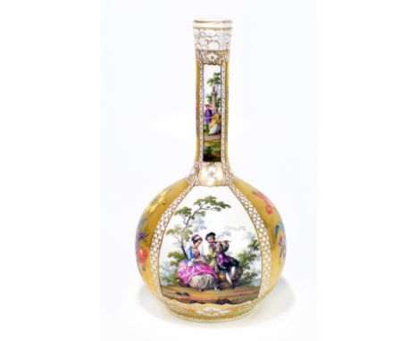 A late 19th century German Augustus Rex globe and shaft vase, decorated with scenes of figures in gardens and panels of flowe