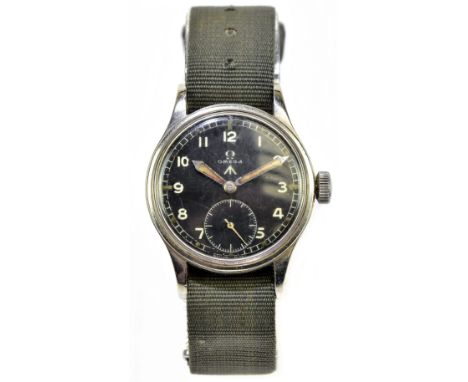 OMEGA; a WWII 'Dirty Dozen' stainless steel wristwatch, with black painted dial set with subsidiary seconds hand and broad ar