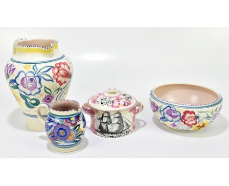 A 19th century Sunderland lustre twin handled lidded bowl, decorated with a galleon and a verse, height 10cm, with three piec