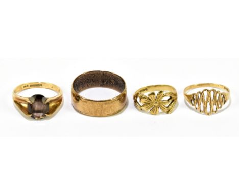 Four 9ct yellow gold rings, the wedding band size R 1/2, 9.7g (4).&nbsp;