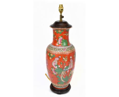 A 20th century Chinese porcelain Famille Rose style vase, decorated with peacocks and birds, converted in to a table lamp, ov