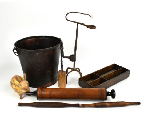 An assortment of collectors' items to include a rush light, an opium stand and a rabbit trinket box.
