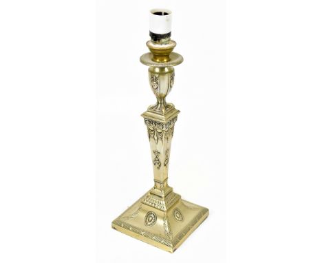 An Edwardian Adam style candlestick converted to a table lamp, overall height 38cm.&nbsp;