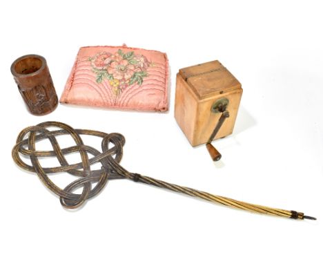 A mid 20th century wooden coffee grinder, with a Chinese carved bamboo brush pot decorated with figures, height 16cm, floral 