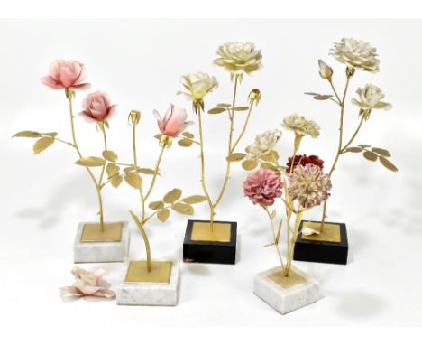 ROYAL WORCESTER &amp; RONALD VAN RUYCKEVELT MALVERN STUDIO; a group of five gilt bronze and porcelain flower displays, the la