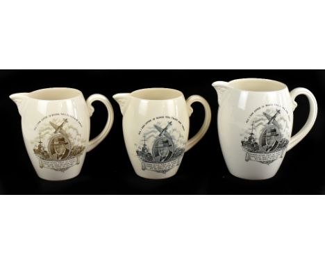 COPELAND SPODE; three Winston Churchill commemorative jugs, each transfer printed with a bust, ship, aeroplane, and tank, the