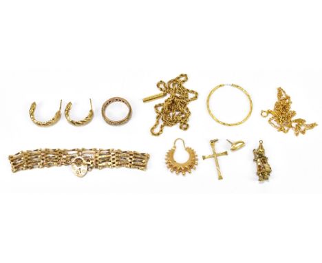 A 9ct yellow gold gate link bracelet with padlock clasp, together with a 9ct yellow gold eternity ring set with glass stones,