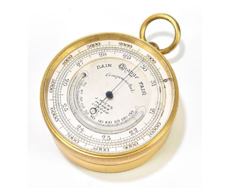J HICKS OF LONDON; a gilt metal cased miniature pocket aneroid barometer, the silvered dial no.6742, diameter 50cm, cased, th