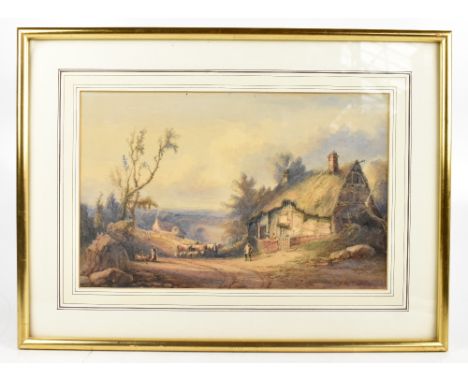 ANTHONY VAN DYKE COPLEY FIELDING (1787-1855); watercolour, country lane with cottage, cattle, sheep and figures, signed lower