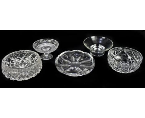 ORREFORS; a contemporary clear art glass bowl, diameter 24cm, together with three cut glass bowls and a pedestal glass bowl.