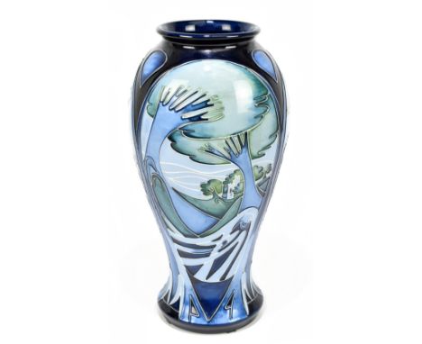 EMMA BOSSONS FOR MOORCROFT; an inverted baluster shaped vase decorated in the 'Knypersley' pattern, height 31.5cm.Additional 