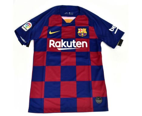 LIONEL MESSI; a Barcelona checkered home shirt, signed to the reverse, size S.Additional InformationCreasing and light genera