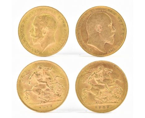 An Edward VII half sovereign, 1909, together with a George V half sovereign, 1915 (2).Additional InformationLight wear and mi