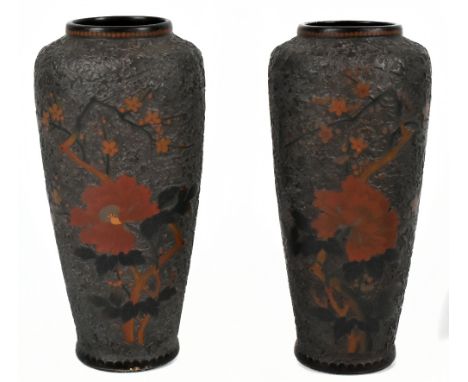 A pair of Japanese Meiji period hand painted vases of shouldered form with floral decoration in the cloisonné style, blue sig