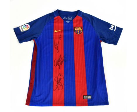 BARCELONA; a 2016/17 home shirt, signed to the front by Lionel Messi, Luis Suarez and Neymar Jr, size child's XL.Additional I