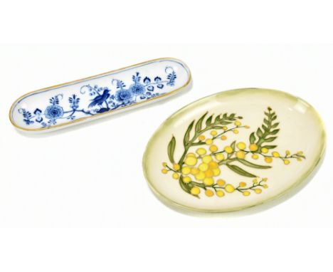 MOORCROFT; a modern dish of ovoid form decorated with yellow fruit, width 23cm, with a Meissen blue and white pen tray decora
