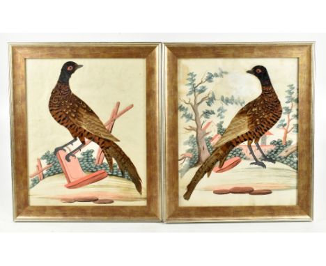 A pair of 19th century bird feather and watercolour pictures, representing exotic birds in landscape scenes, approx 36.5 x 29
