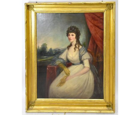 EARLY 19TH CENTURY ENGLISH SCHOOL; a large oil on canvas, portrait of a woman with landscape beyond, unsigned, 128 x 100cm, i