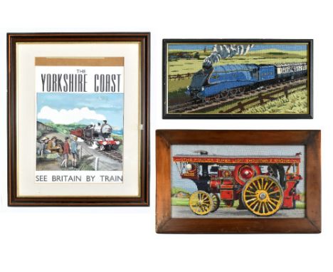 A tapestry picture of 'The Fowler Super Lion Showman's Engine', with a further tapestry picture of a train and a Yorkshire Co