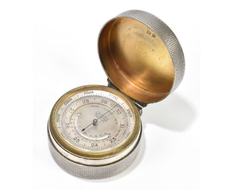 CALLOW OF MOUNT STREET, PARK LANE; a George V hallmarked silver cased pocket aneroid barometer, with engine turned outer case