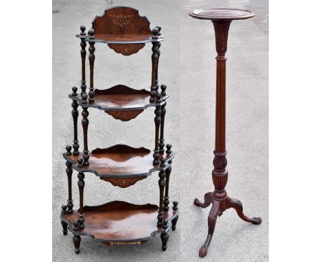 An Edwardian mahogany jardinière stand on tripod base, height 136cm and a Victorian inlaid walnut whatnot (2).Additional Info
