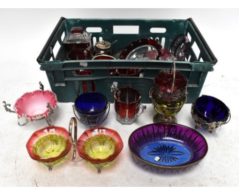 A selection of mostly Victorian coloured glass items, to include a pair of ruby and yellow glass dishes on plated stand and a