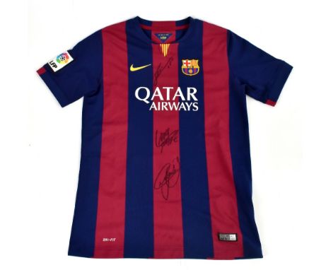 BARCELONA; a 2014/15 home shirt, signed to the front by Lionel Messi, Luis Suarez and Neymar Jr, size child's XL.Additional I
