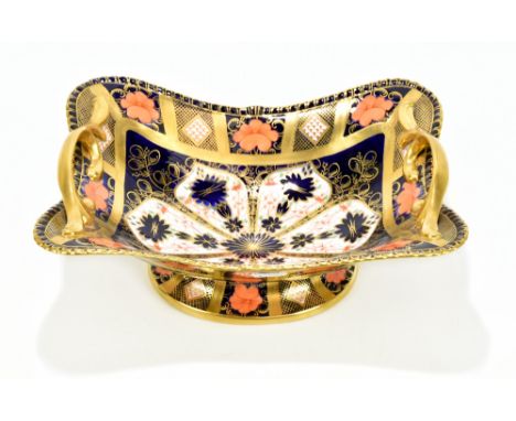 ROYAL CROWN DERBY; a pedestal twin-handled bowl of shaped rectangular form, decorated in the 2451 pattern, length 30cm, heigh