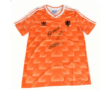NETHERLANDS; a 1988 retro style shirt, signed to the front by Van Basten, Guillet and Rijkaard, size L.Additional Information