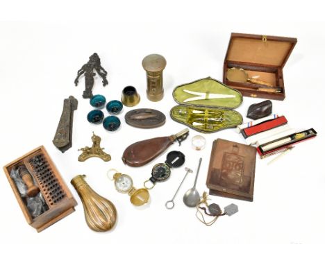 A mixed group of collectors' items to include a manicure set, a brass postbox, and a powder flask stamped 'G. &amp; J. W. Haw