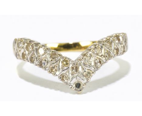 An 18ct yellow gold and diamond set wishbone ring, the frame with twenty six small diamonds totalling approx 0.40ct, size R, 