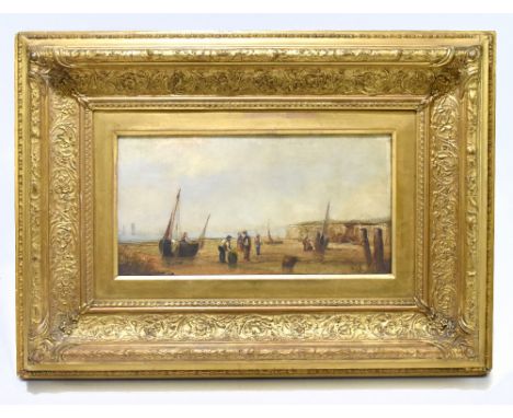 UNATTRIBUTED; a 19th century oil on panel, figures, beach scene, apparently unsigned, 18x 34cm, in ornate gilt frame.&nbsp;&n