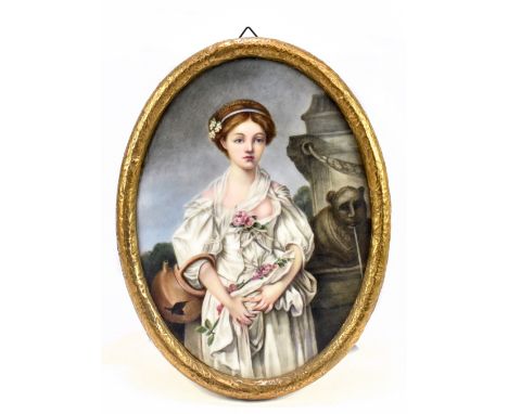 A 19th century hand painted porcelain plaque in the style of KPM, depicting a maiden with white flowing dress and floral deta