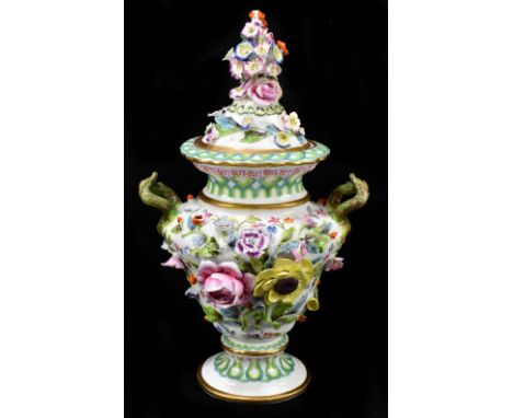 SPODE; a circa 1820 floral encrusted twin handled vase and cover, painted mark to base no.4687, height 26cm.Additional Inform