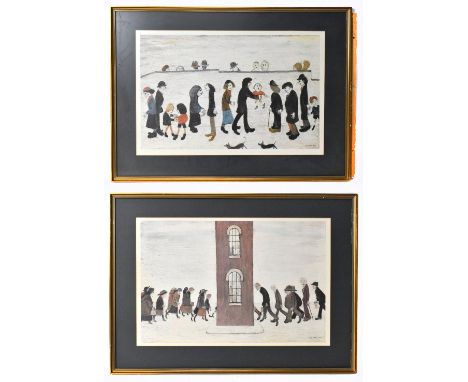 AFTER LAURENCE STEPHEN LOWRY RBA RA (1887-1976); two colour prints, 'Man Holding Child' and 'The Meeting Point', 49 x 74cm, b