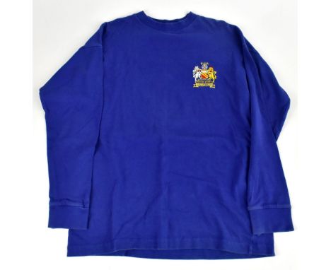 GEORGE BEST; a retro style blue Manchester United shirt, signed to the reverse and inscribed 'best wishes', size unknown.Addi