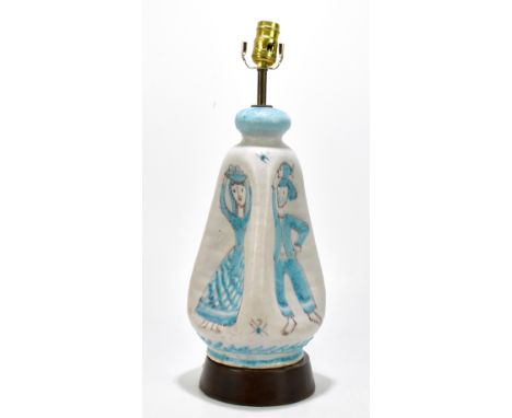 CAS VIETRI; &nbsp;a mid-century Italian pottery lamp base, of lobed form, decorated with figures, on wooden base, height 50cm