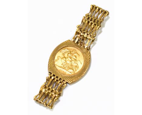 An Elizabeth II full sovereign, 1964, set in a 9ct yellow gold gate link bracelet, approx. weight 15.2g.&nbsp;Additional Info