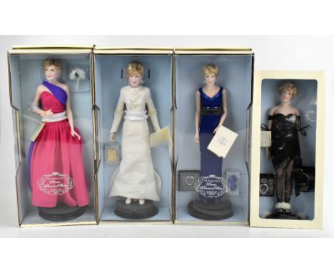 FRANKLIN MINT; three Diana, Princess of Wales, porcelain portrait dolls, each boxed, with a further Diana, Princess of Glamou