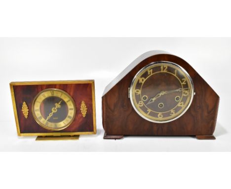 A mahogany cased mantel clock, together with a further battery operated example (2).