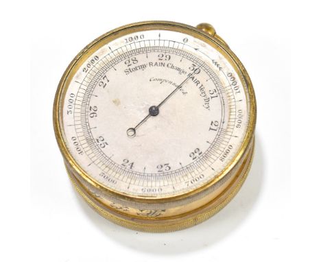 An early 20th century gilt metal cased combination pocket aneroid barometer and compass, with silvered and mother of pearl di